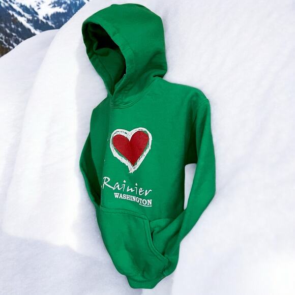 I Love Mount Rainier Bright Green Hoodie Sweatshirt With Front Pocket Kid Size M - Picture 2 of 9